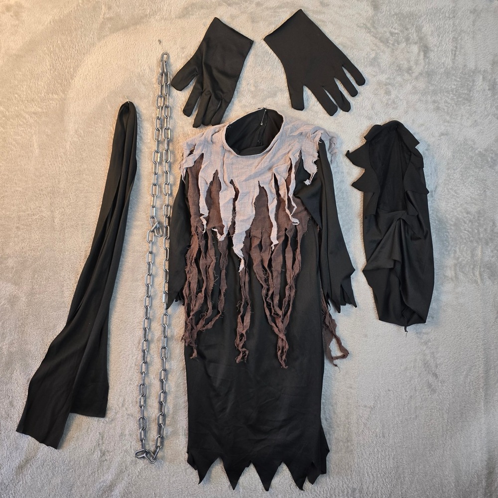 Grim Reaper Phantom Halloween Costume Kids Black Tunic Hood Gloves Chain